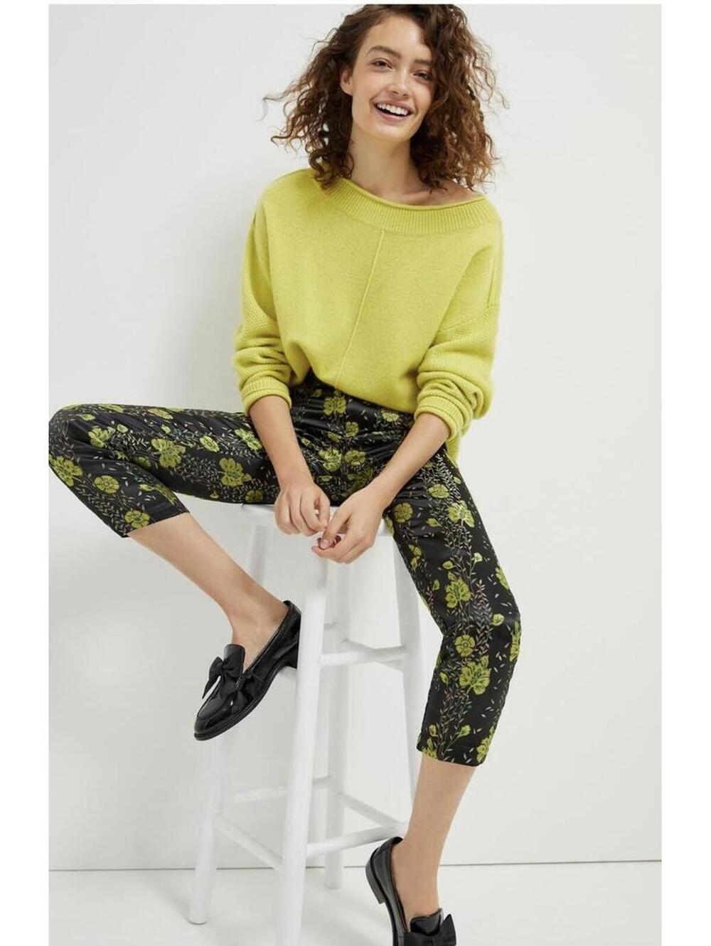 Scotch & Soda Black Jacquard Ankle Pants Yellow Flower Pattern Sz Large